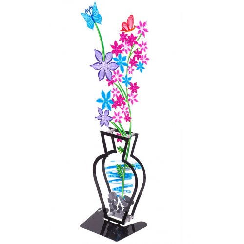 Hand Painted Wildflowers and Butterfly in Vase on Base, Colorful - Tzuki Art