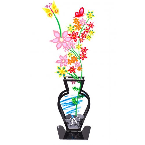 Hand Painted Wildflowers and Butterfly in Vase on Base, Pink - Tzuki Art