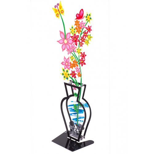 Hand Painted Wildflowers and Butterfly in Vase on Base, Pink - Tzuki Art