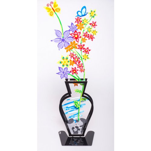 Hand Painted Wildflowers and Butterfly in Vase on Base, Purple - Tzuki Art