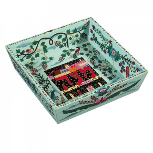 Hand Painted Wood Blue Matzah Tray, Flowers & Birds - Yair Emanuel