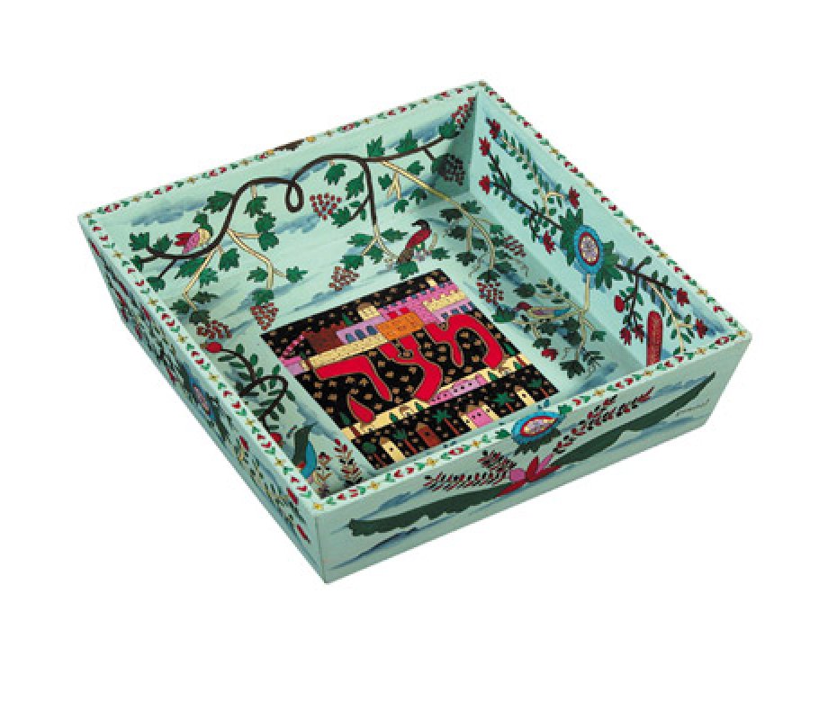 Hand Painted Wood Blue Matzah Tray, Flowers & Birds - Yair Emanuel