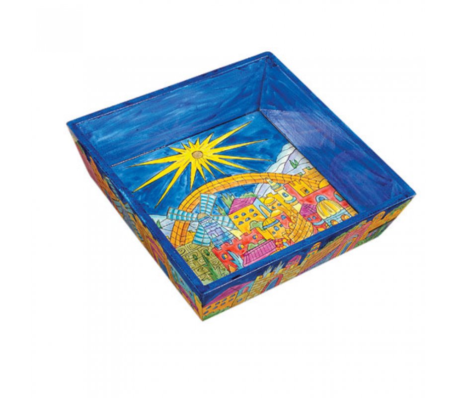 Hand Painted Wood Blue Matzah Tray, Jerusalem of Gold - by Yair Emanuel