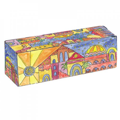 Hand Painted Wood Compact Hanukkah Menorah with Golden Jerusalem Images - Yair Emanuel