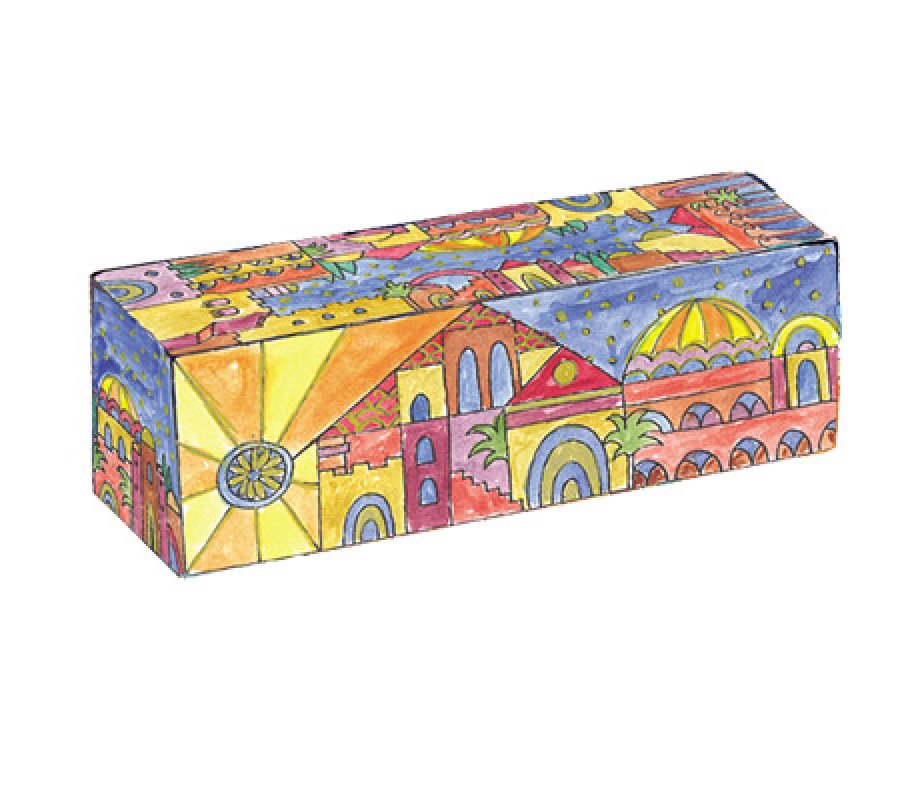 Hand Painted Wood Compact Hanukkah Menorah with Golden Jerusalem Images - Yair Emanuel