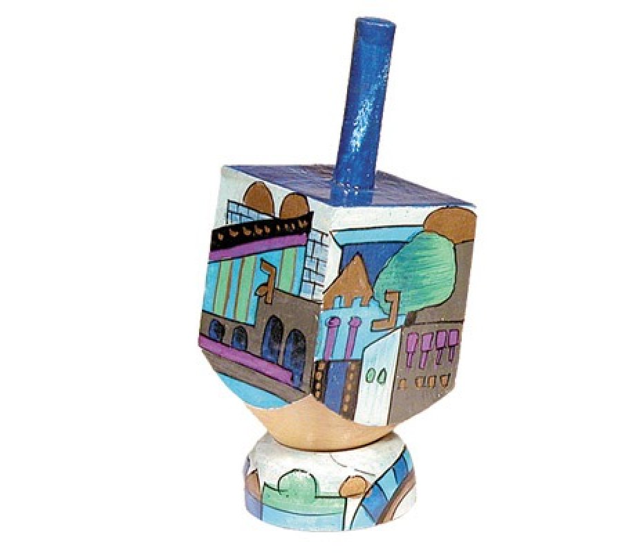 Hand Painted Wood Dreidel on Stand with Blue Jerusalem Images Small - Yair Emanuel