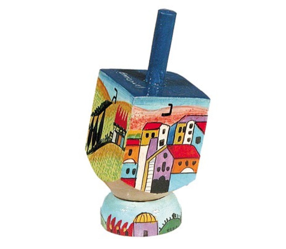 Hand Painted Wood Dreidel on Stand with Jerusalem Images Small - Yair Emanuel