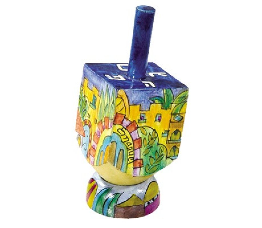 Hand Painted Wood Dreidel on Stand with Jerusalem of Gold Images Small - Yair Emanuel