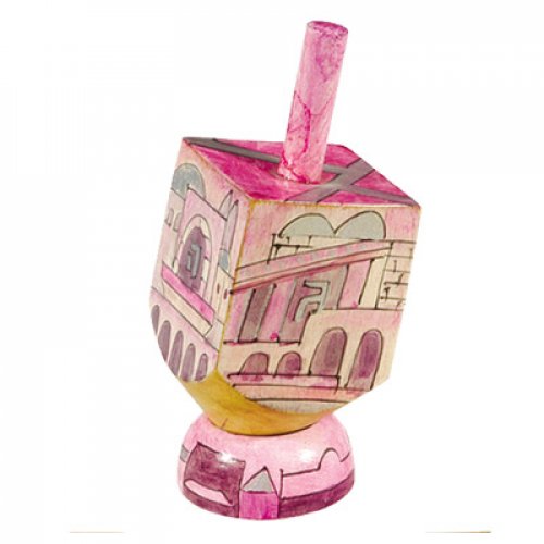 Hand Painted Wood Dreidel on Stand with Pink Jerusalem Images Small - Yair Emanuel