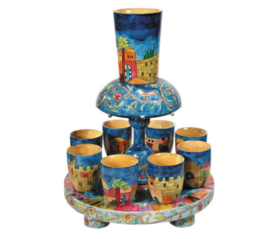 Hand Painted Wood Kiddush Fountain Set with 8 Cups, Jerusalem Design - Yair Emanuel