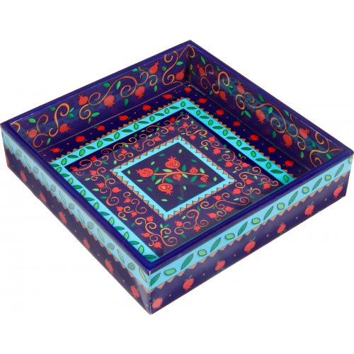 Hand Painted Wood Matzah Tray Pomegranates, Red and Blue - Yair Emanuel