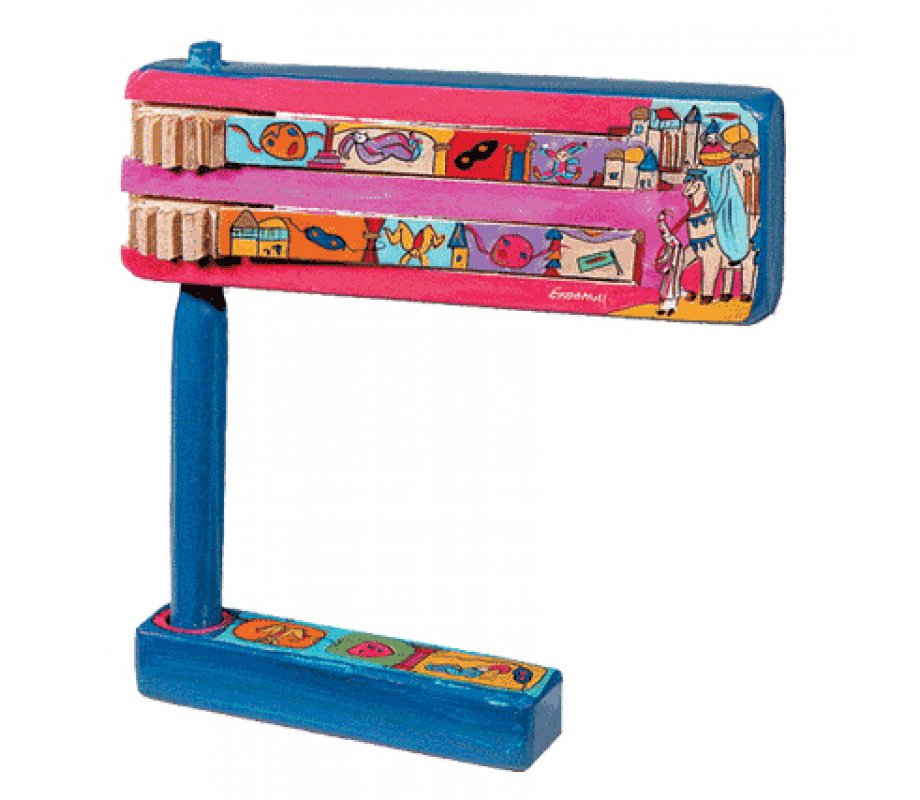 Hand Painted Wood Purim Grogger, Purim Motifs - Yair Emanuel
