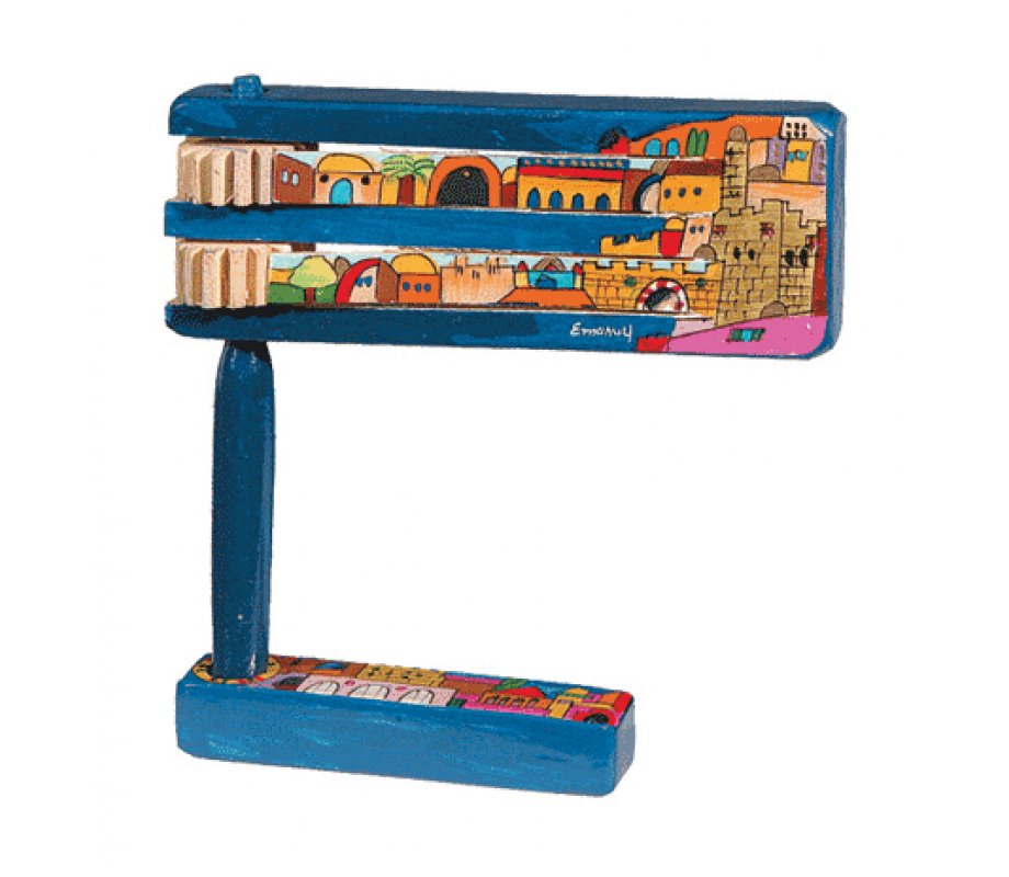 Hand Painted Wood Purim Grogger with Jerusalem Scenes - Yair Emanuel