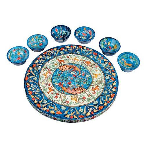 Hand Painted Wood Seder Plate with Bowls - Forest Scenes - Yair Emanuel