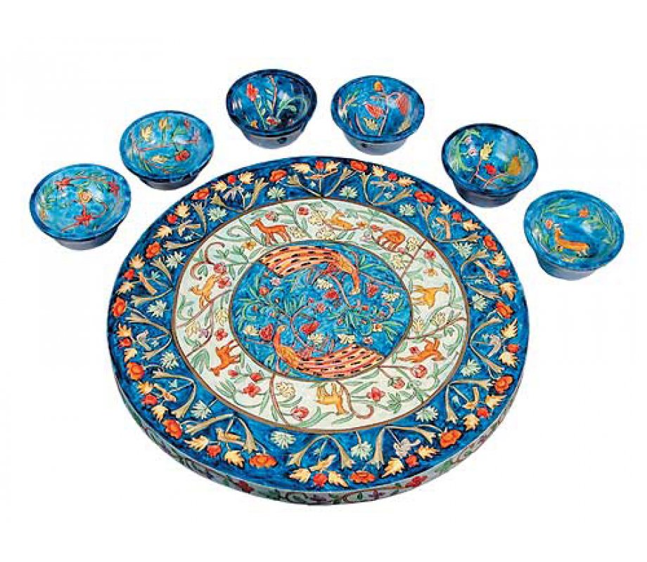 Hand Painted Wood Seder Plate with Bowls - Forest Scenes - Yair Emanuel