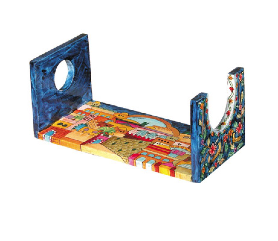 Hand Painted Wood Shofar Stand Large, Jerusalem Views - Yair Emanuel