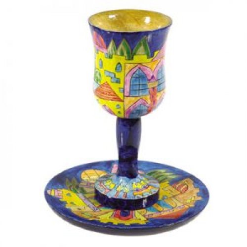 Hand Painted Wood Stem Kiddush Cup and Plate, Golden Jerusalem - Yair Emanuel