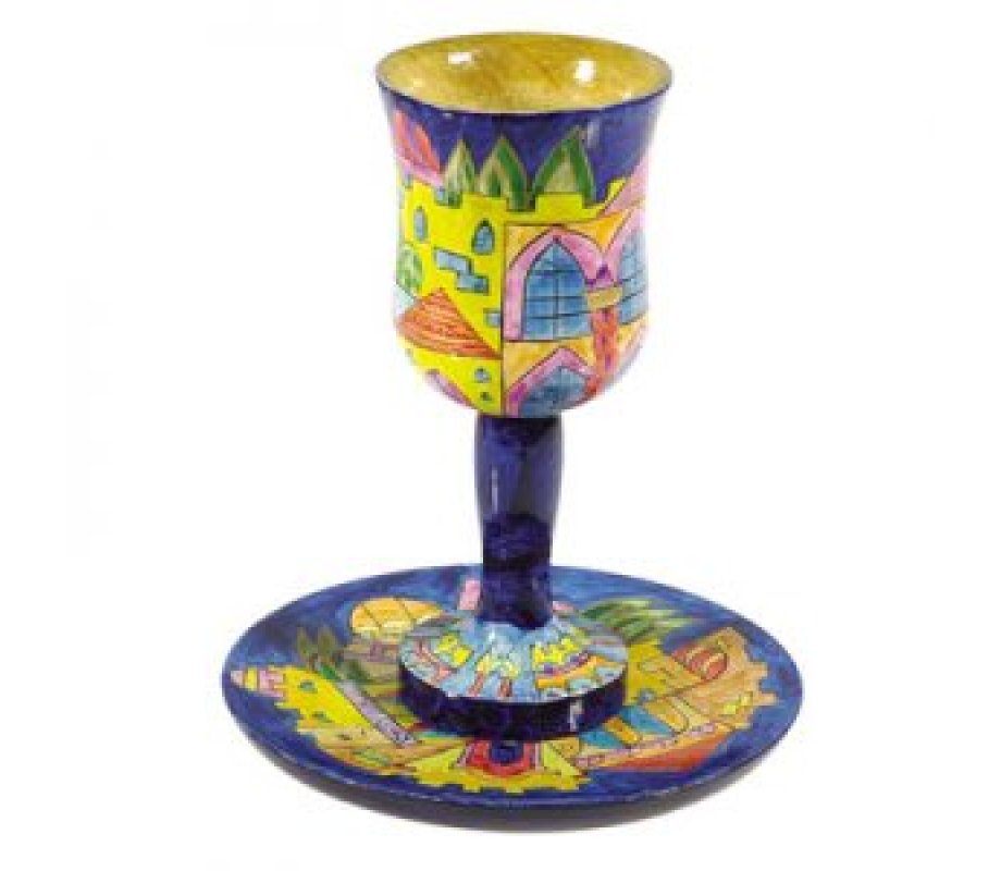 Hand Painted Wood Stem Kiddush Cup and Plate, Golden Jerusalem - Yair Emanuel