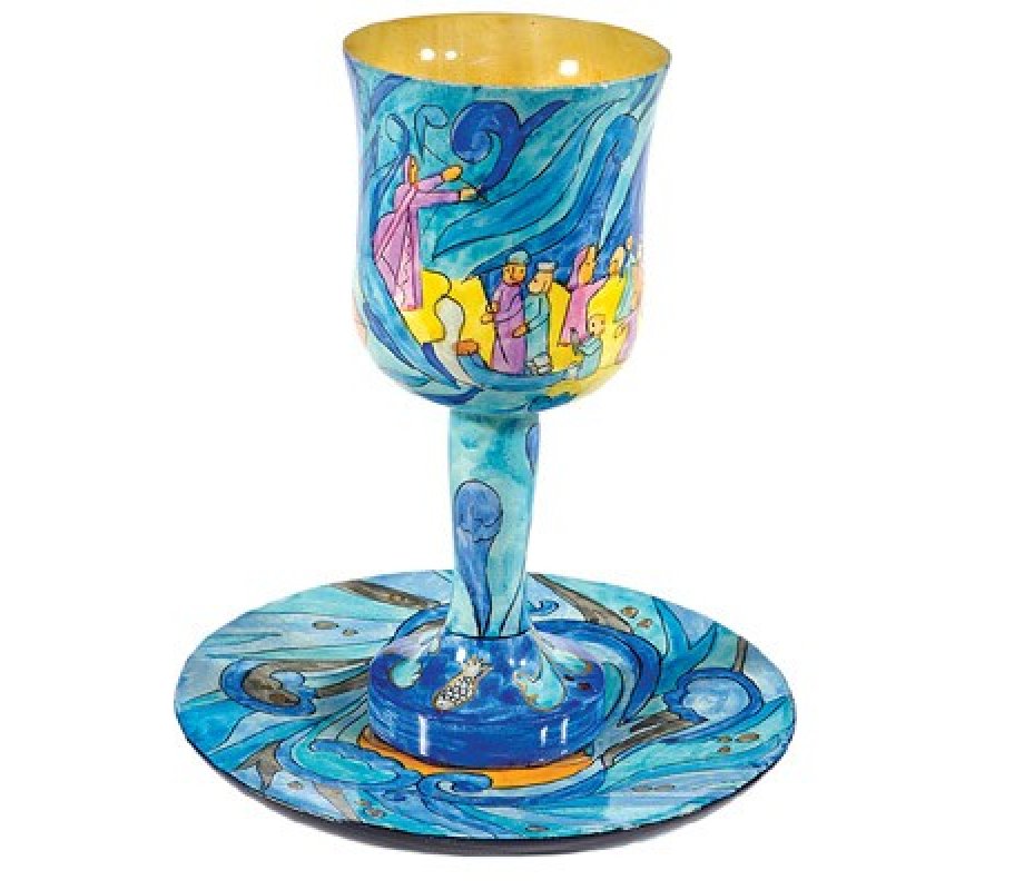 Hand Painted Wood Stem Kiddush Cup and Plate, Exodus - Yair Emanuel