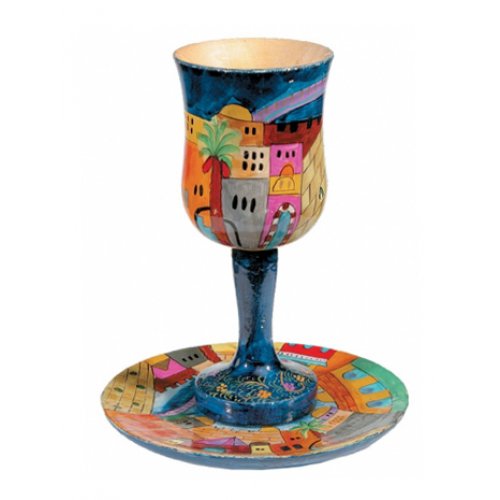 Hand Painted Wood Stem Kiddush Cup and Plate, Jerusalem - Yair Emanuel