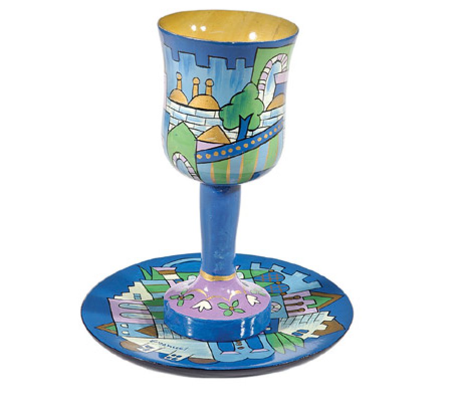 Hand Painted Wood Stem Kiddush Cup and Plate, Jerusalem in Blue - Yair Emanuel