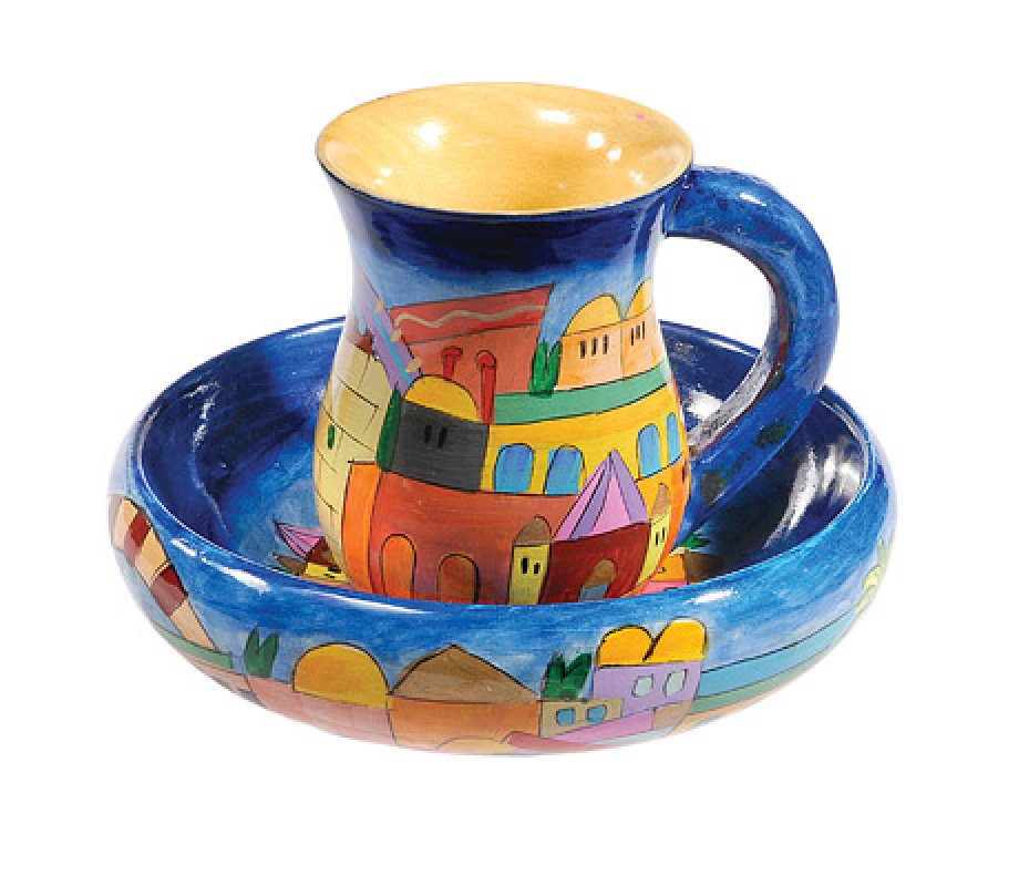 Hand Painted Wood Two-Piece Mayim Achronim Set, Jerusalem - Yair Emanuel