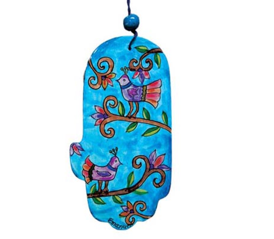 Hand Painted Wood Wall Hamsa, Birds on Blue - Yair Emanuel