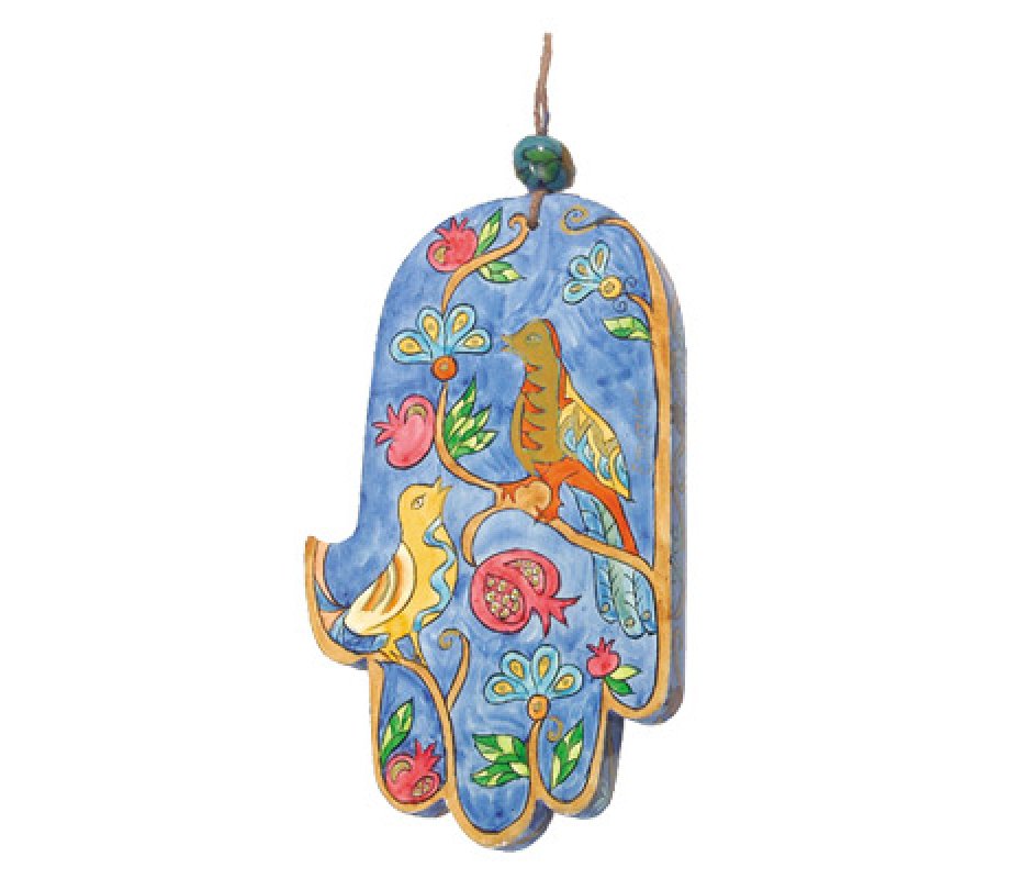 Hand Painted Wood Wall Hamsa, Blue Birds and Pomegranates - Yair Emanuel