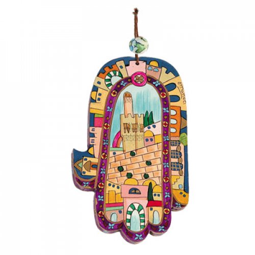 Hand Painted Wood Wall Hamsa, Colorful Jerusalem - Yair Emanuel