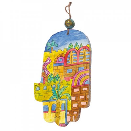 Hand Painted Wood Wall Hamsa, Gold Jerusalem Images - Yair Emanuel