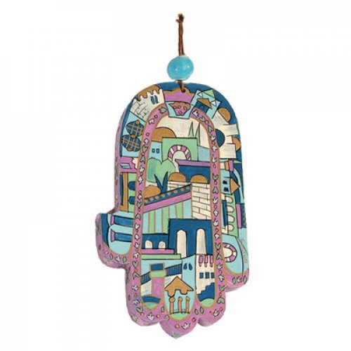 Hand Painted Wood Wall Hamsa, Jerusalem on Blue - Yair Emanuel