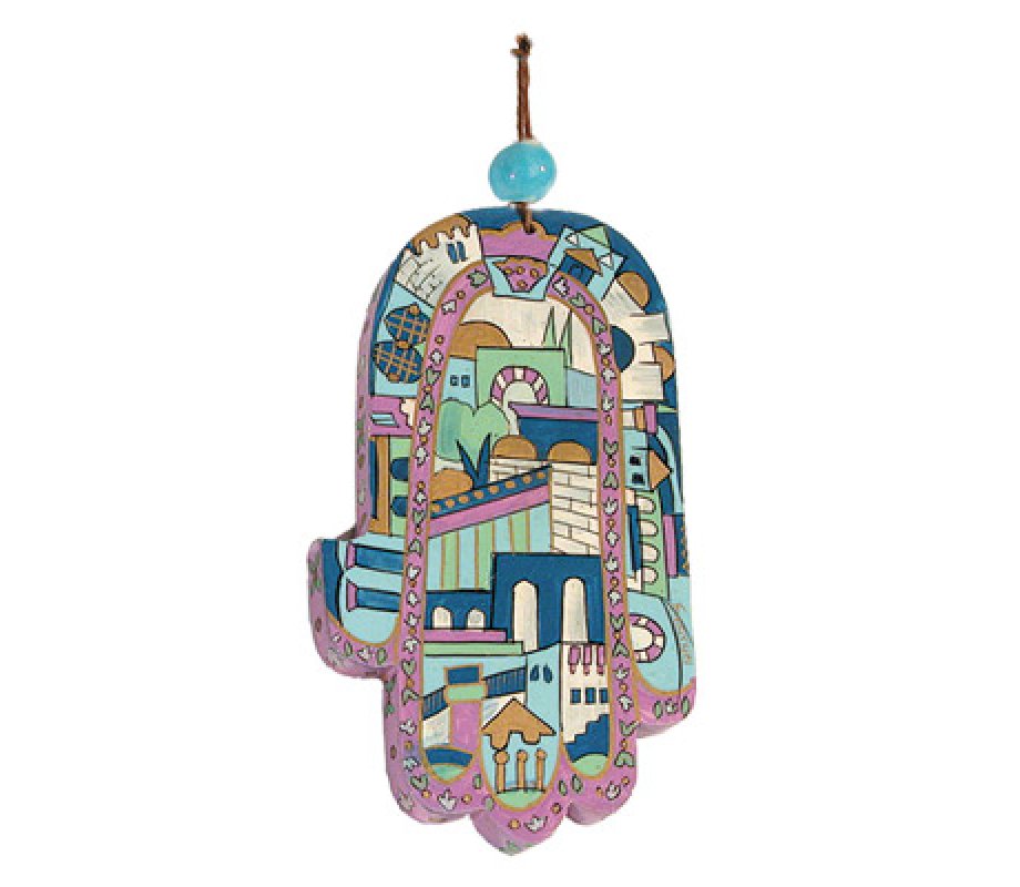 Hand Painted Wood Wall Hamsa, Jerusalem on Blue - Yair Emanuel