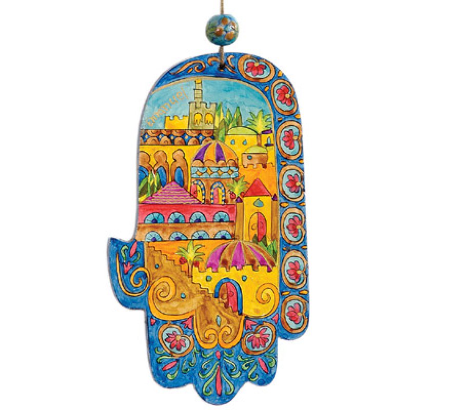 Hand Painted Wood Wall Hamsa, Oriental Jerusalem - Yair Emanuel