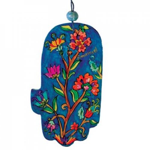 Hand Painted Wood Wall Hamsa, Red and Blue Flowers - Yair Emanuel