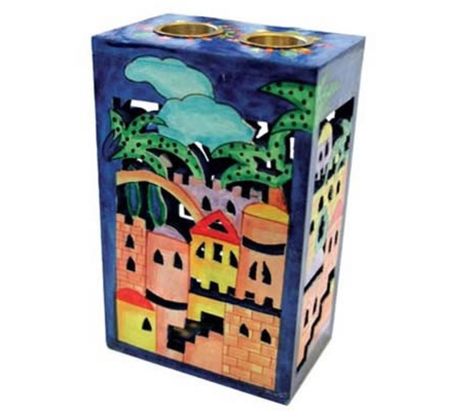 Hand Painted Woodcut Shabbat Candlesticks with Jerusalem Images - Yair Emanuel