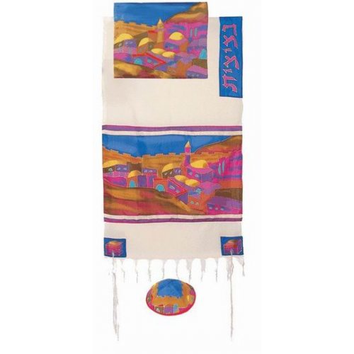 Hand Woven Cotton and Silk Tallit Set, Colorful Jerusalem Images - Yair Emanuel
