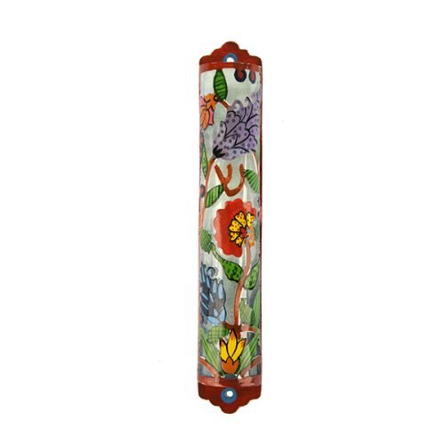 Hand painted Laser Cut Metal Mezuzah Case, Flowers - Yair Emanuel