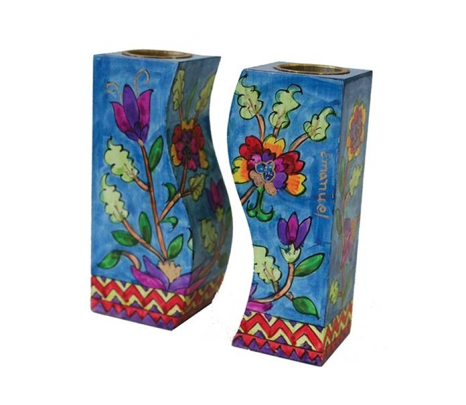 Hand-Painted Fitted Wood Candlesticks, Flowers on Blue - Yair Emanuel