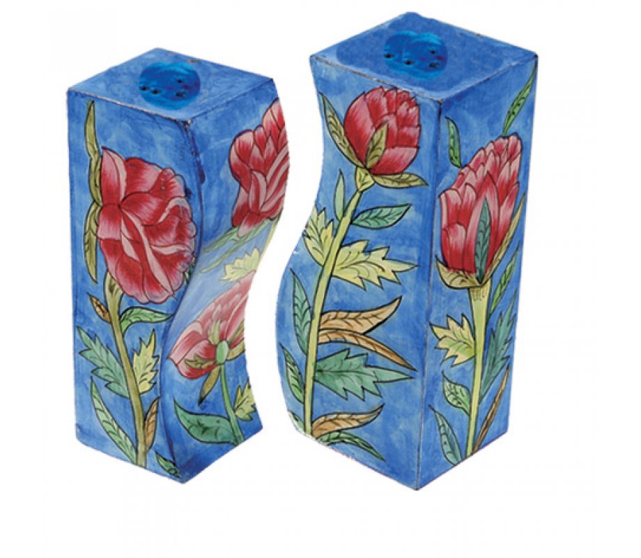 Hand-Painted Rose Design Wood Fitted Salt & Pepper Shaker - Yair Emanuel