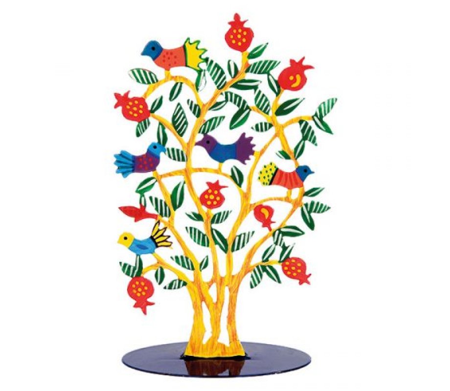 Hand-Painted Standing Sculpture of Gold Tree, Pomegranates and Birds - Yair Emanuel