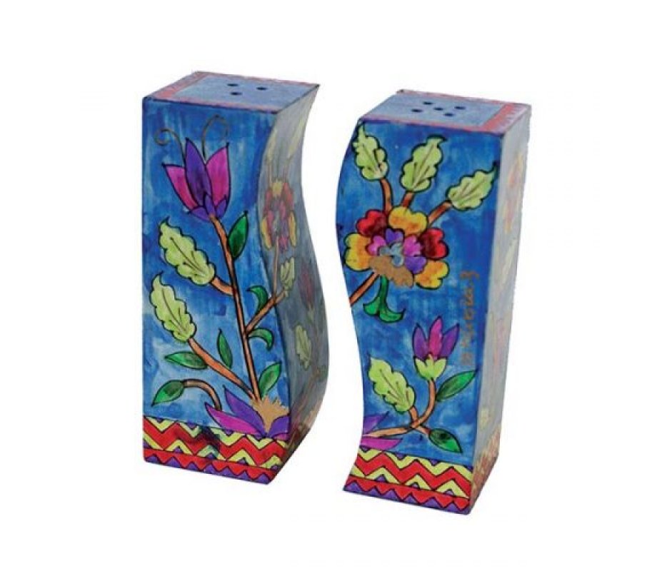 Hand-Painted Vibrant Flower Wood Fitted Salt & Pepper Shaker - Yair Emanuel