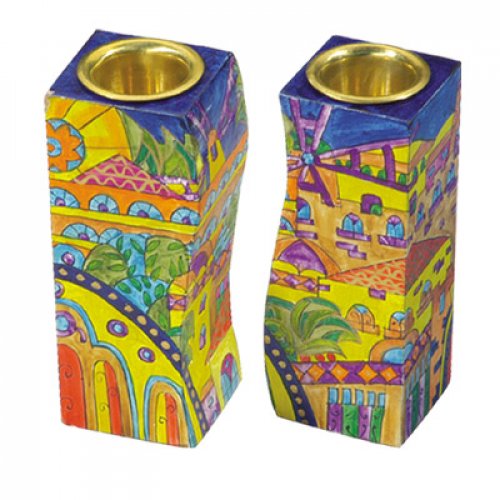 Hand-Painted Wood Fitted Candlesticks - Golden Jerusalem by Yair Emanuel