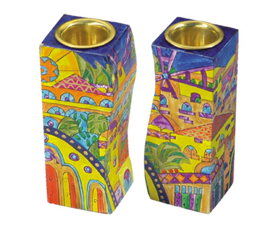 Hand-Painted Wood Fitted Candlesticks - Golden Jerusalem by Yair Emanuel