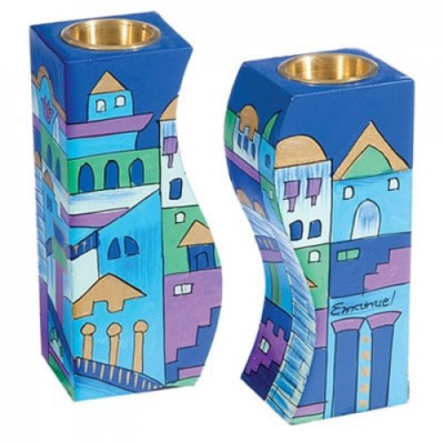 Hand-Painted Wood Fitted Candlesticks, Blue Jerusalem - Yair Emanuel