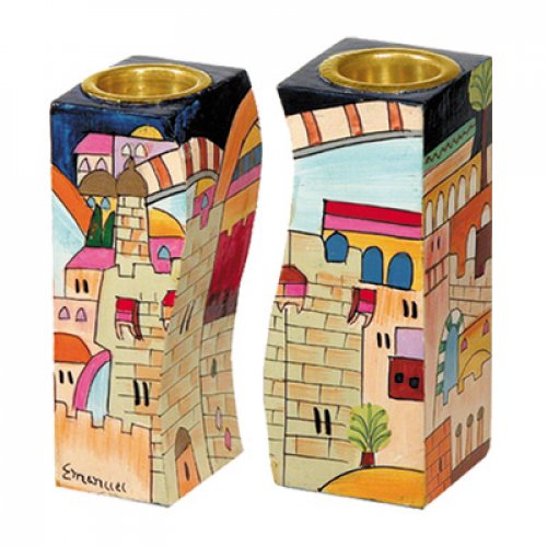 Hand-Painted Wood Fitted Candlesticks, Colorful Jerusalem Views - Yair Emanuel