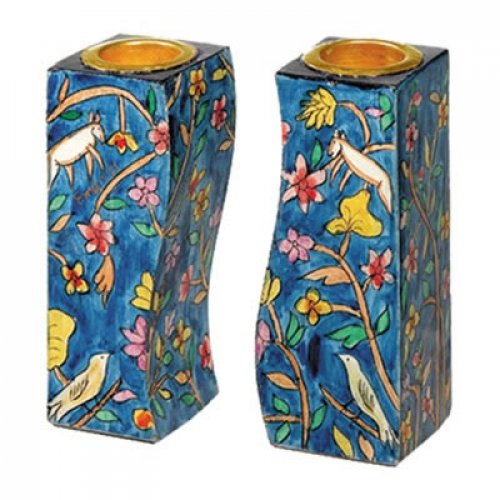 Hand-Painted Wood Fitted Candlesticks, Forest Scene - Yair Emanuel