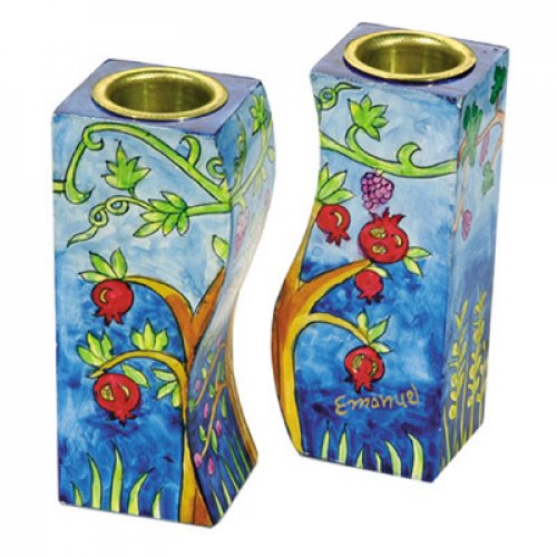 Hand-Painted Wood Fitted Candlesticks, Pomegranates - Yair Emanuel