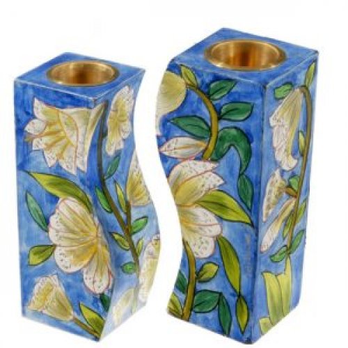 Hand-Painted Wood Fitted Candlesticks, White Flowers - Yair Emanuel