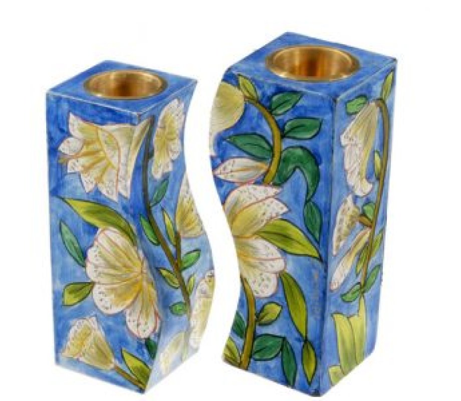 Hand-Painted Wood Fitted Candlesticks, White Flowers - Yair Emanuel
