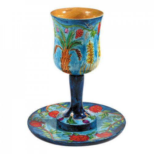 Hand-Painted Wood Stem Kiddush Cup and Saucer, Seven Species by Yair Emanuel